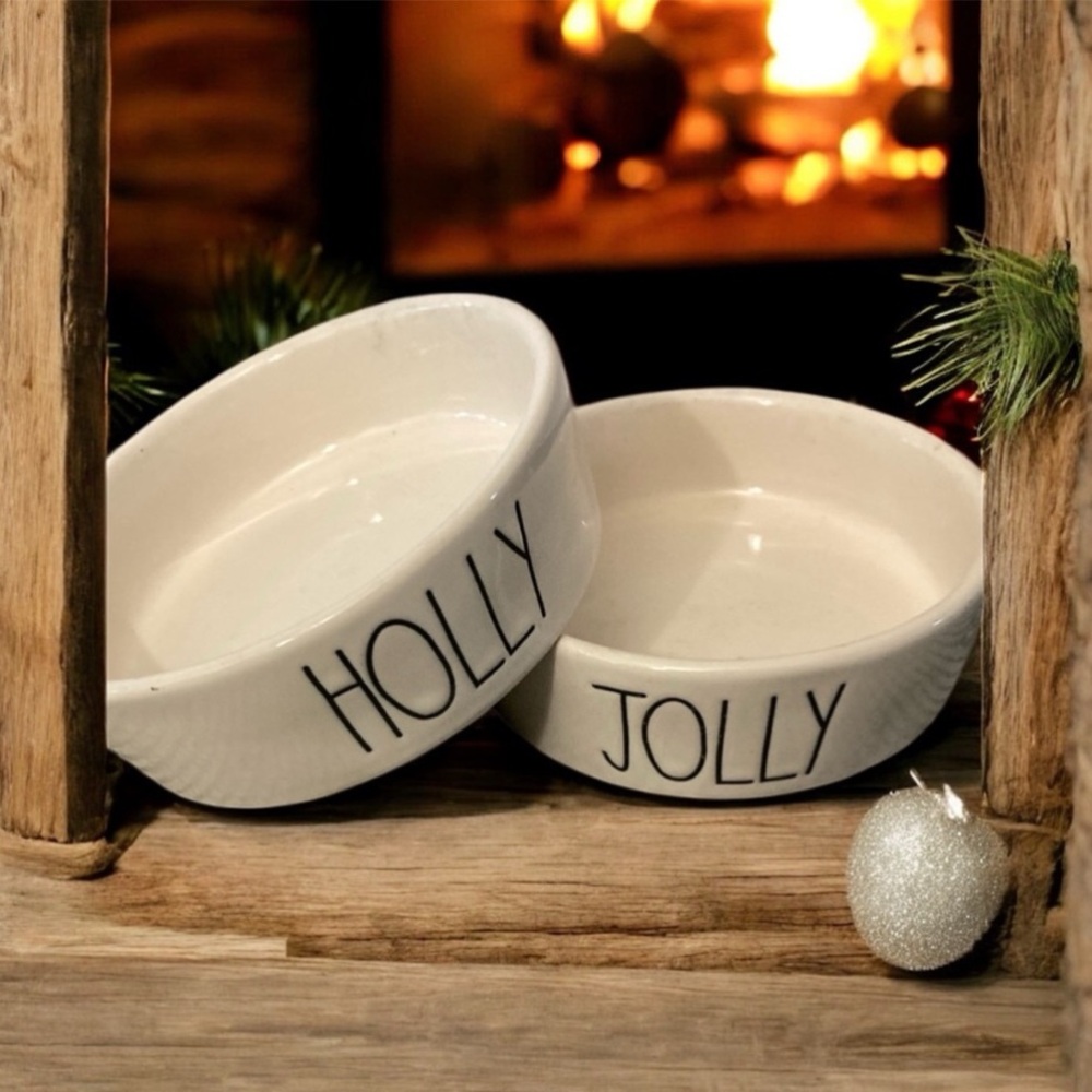 Rae Dunn Christmas cat bowls HOLLY & JOLLY